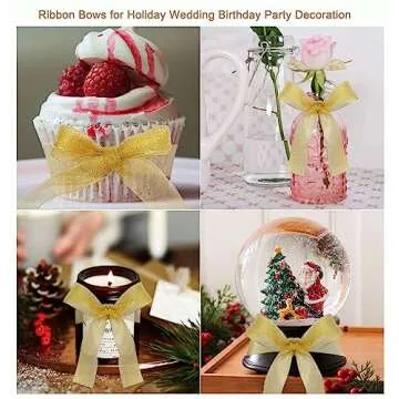 50 Yards Gold Glitter Ribbon 3/8 Inch, Sparkly Thin Solid Fabric Ribbon for Gift Wrapping, Crafts, Holiday Wedding Birthday Party Decoration Floral Bouquet, Metallic Gold Ribbon Roll