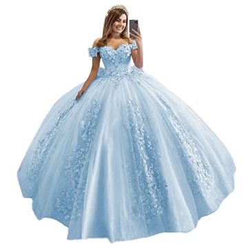 XYAYE Women's Princess Sky Blue Quinceanera Dresses Lace Beaded Prom Dresses Off The Shoulder Birthd...