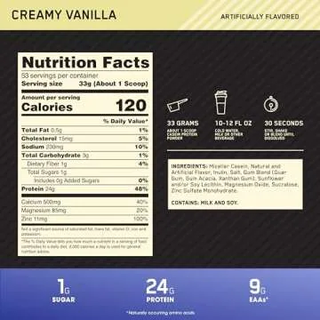 Optimum Nutrition Gold Standard 100% Micellar Casein Protein Powder, Slow Digesting, Helps Keep You Full, Overnight Muscle Recovery, Creamy Vanilla, 4 Pound (Packaging May Vary)