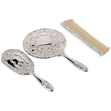 3 pc Silver Chrome Girls Vanity Set Comb Brush Mirror.