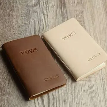 His Vows or Her Vows Stamped with Name and Date, Personalized Leather Wedding Vow Book, Set of 2 Personalized Vow Books - Brown & Tan - 3002