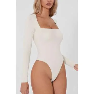 QINSEN Square Neck Long Sleeve Bodysuit for Women Double Lined Body-Hugging Sexy Tops Splashed White M