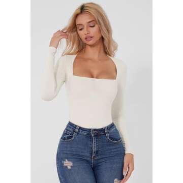 QINSEN Square Neck Long Sleeve Bodysuit for Women Double Lined Body-Hugging Sexy Tops Splashed White M