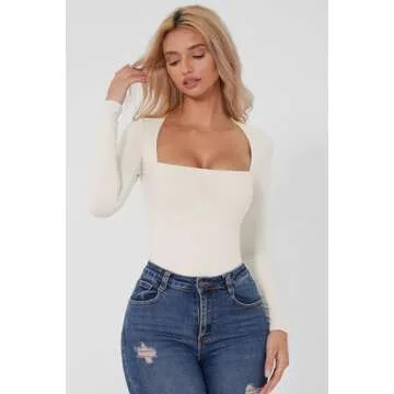 QINSEN Square Neck Long Sleeve Bodysuit for Women Double Lined Body-Hugging Sexy Tops Splashed White M