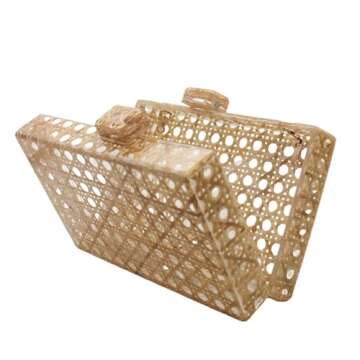 RomanticDesign Women Acrylic Handbag Rattan Woven Pattern Square Box Crossbody Handbag Shoulder Bag Chain Purse, Brown
