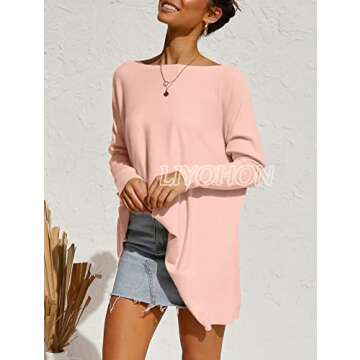 LIYOHON Oversized T Shirts for Women Tunic Tops to Wear with Leggings Long Sleeve Fall Sweaters Dressy Tops Baby Pink-S