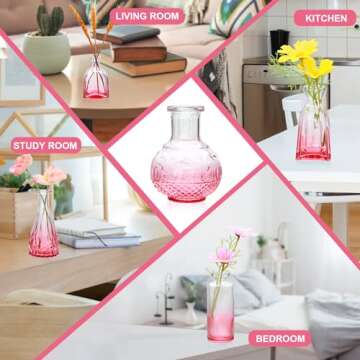 Brajttt Pink Flower Vase Set, Glass Bud Vase in Bulk Set of 8,Artistic and Cultural Flavor Mini Vases for Home Office Decor, Bedroom, Office, Living Room Decorations,Wedding