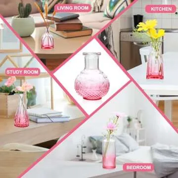 Brajttt Pink Flower Vase Set, Glass Bud Vase in Bulk Set of 8,Artistic and Cultural Flavor Mini Vases for Home Office Decor, Bedroom, Office, Living Room Decorations,Wedding