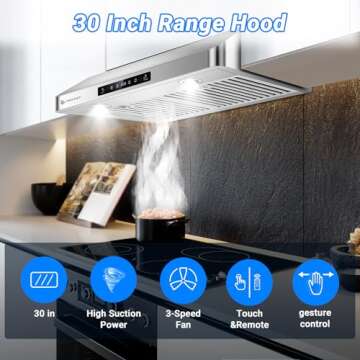 AMZCHEF Under Cabinet Range Hood 30 Inch, 700CFM Stainless Steel Kitchen Stove Vent Hood 3 Speed Exh...