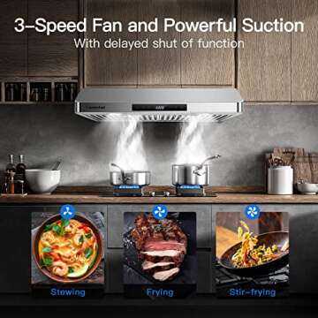 AMZCHEF Under Cabinet Range Hood 30 Inch, 700CFM Stainless Steel Kitchen Stove Vent Hood 3 Speed Exhaust Fan Touch Control LED lights Dishwasher-Safe Baffle Filters Three Outlet Design