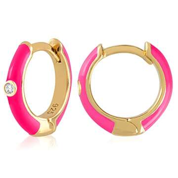 14K Gold Plated Sterling Silver Enamel Color Huggie Hoop Earrings for Women – Wide Range of Vibrant Color Options Available