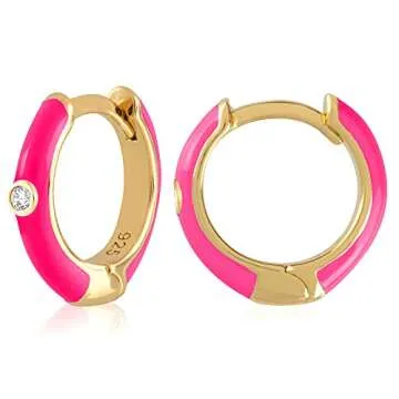 14K Gold Plated Sterling Silver Enamel Color Huggie Hoop Earrings for Women – Wide Range of Vibrant Color Options Available