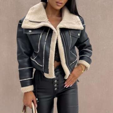 Mtsebmves Women's Faux Shearing Jacket Thick Lined Parka Winter Shearling Coat Leather Jacket Lapel Zipper Jackets (Black, L)