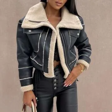 Mtsebmves Women's Faux Shearing Jacket Thick Lined Parka Winter Shearling Coat Leather Jacket Lapel Zipper Jackets (Black, L)