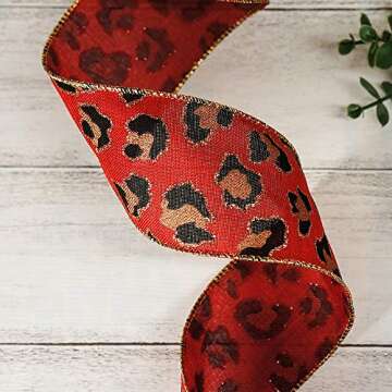 CT CRAFT LLC Burlap Leopard Fabric Wired Ribbon 2.5" x 10 Yards Red with Black and Gold Color for Ch...