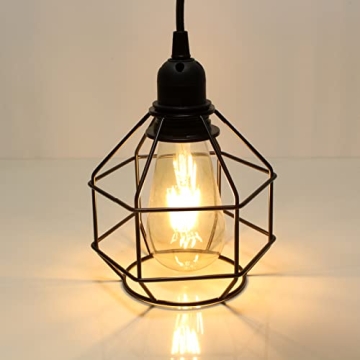 HCSM Industrial Plug in Pendant Light, Black Metal Cage Hanging Lamp, Vintage Pendant Lighting Fixtu...