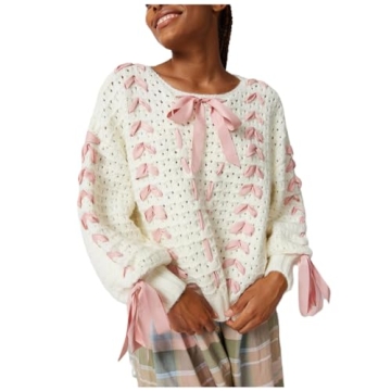 Women Cute Bow Sweater Long Sleeve Bow Front Knitted Pullover Ribbon Lace Up Cable Jumper Knitwear G...