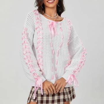 Women Cute Bow Sweater Long Sleeve Bow Front Knitted Pullover Ribbon Lace Up Cable Jumper Knitwear Going Out Top B White