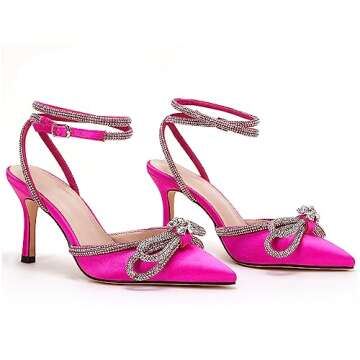 Elegant VETASTE Crystal Bow Ankle Strap Pumps - Size 7