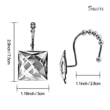 Sunlit Luxury Design Square Clear Diamond Crystal Gem Bling with Glide Balls Shower Curtain Hooks, Rust Proof Metal Rhinestones Glam Shower Curtain Rings-12 Pack