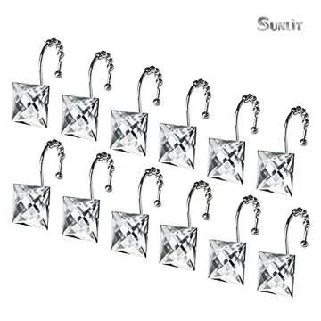 Sunlit Luxury Design Square Clear Diamond Crystal Gem Bling with Glide Balls Shower Curtain Hooks, Rust Proof Metal Rhinestones Glam Shower Curtain Rings-12 Pack