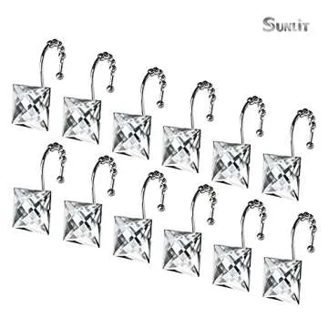 Sunlit Luxury Design Square Clear Diamond Crystal Gem Bling with Glide Balls Shower Curtain Hooks, Rust Proof Metal Rhinestones Glam Shower Curtain Rings-12 Pack