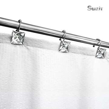 Sunlit Luxury Design Square Clear Diamond Crystal Gem Bling with Glide Balls Shower Curtain Hooks, Rust Proof Metal Rhinestones Glam Shower Curtain Rings-12 Pack