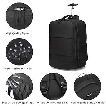 Rolling Backpack,Travel Backpack with Wheels Roller Backpack Wheeled Laptop Backpack Business Backpack Carry on Backpack Flight Approved Fits 17 inch Laptop Backpack with Wheels for Women Men-Black