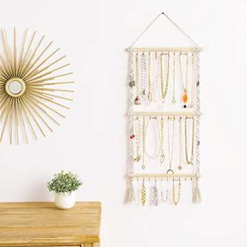 Dahey Hanging Jewelry Organizer Macrame Necklace Holder with 30 Hooks Wall Mounted Jewelry Hanger Ov...