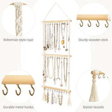 Dahey Hanging Jewelry Organizer Macrame Necklace Holder with 30 Hooks Wall Mounted Jewelry Hanger Over Door Necklace Rack with Tassel for Necklace Bracelet Earring Headband Bow Organizer