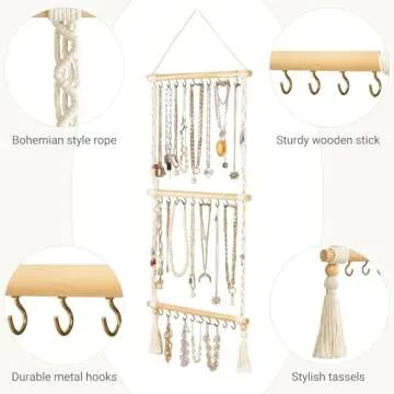 Dahey Hanging Jewelry Organizer Macrame Necklace Holder with 30 Hooks Wall Mounted Jewelry Hanger Over Door Necklace Rack with Tassel for Necklace Bracelet Earring Headband Bow Organizer