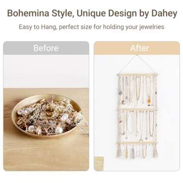 Dahey Hanging Jewelry Organizer Macrame Necklace Holder with 30 Hooks Wall Mounted Jewelry Hanger Over Door Necklace Rack with Tassel for Necklace Bracelet Earring Headband Bow Organizer