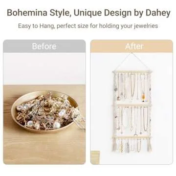 Dahey Hanging Jewelry Organizer Macrame Necklace Holder with 30 Hooks Wall Mounted Jewelry Hanger Over Door Necklace Rack with Tassel for Necklace Bracelet Earring Headband Bow Organizer