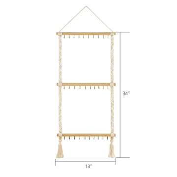 Dahey Hanging Jewelry Organizer Macrame Necklace Holder with 30 Hooks Wall Mounted Jewelry Hanger Over Door Necklace Rack with Tassel for Necklace Bracelet Earring Headband Bow Organizer