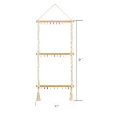 Dahey Hanging Jewelry Organizer Macrame Necklace Holder with 30 Hooks Wall Mounted Jewelry Hanger Over Door Necklace Rack with Tassel for Necklace Bracelet Earring Headband Bow Organizer