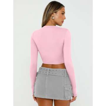 Trendy Queen Womens Long Sleeve Crop Tops Basic Slim Fitted Shirts Casual Fashion 2024 Going Out Y2k Tops Teen Girl Clothes Pink L