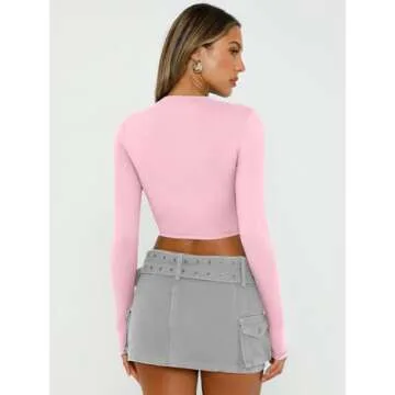 Trendy Queen Womens Long Sleeve Crop Tops Basic Slim Fitted Shirts Casual Fashion 2024 Going Out Y2k Tops Teen Girl Clothes Pink L