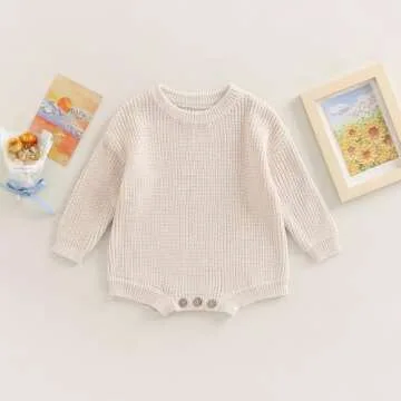 woshilaocai Baby Boy Girl Sweater Oversized Long Sleeve Romper Warm Crewneck Onesie CuteToddler Knitted Winter Clothes (0-3 Months,Cream)