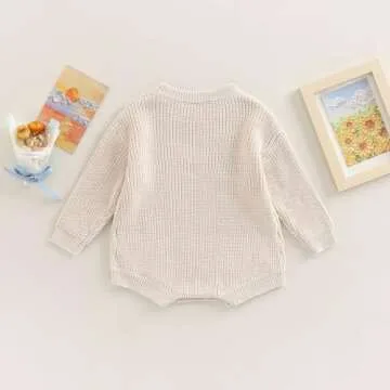 woshilaocai Baby Boy Girl Sweater Oversized Long Sleeve Romper Warm Crewneck Onesie CuteToddler Knitted Winter Clothes (0-3 Months,Cream)