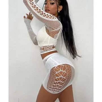 Buitifo Sexy Lingerie for Women Fishnet Babydoll Nightwear Exotic Top and Mini Skirt Set(M,White)