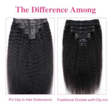 Mihugass Seamless PU Clip In Hair Extensions Real Human Hair Invisible Kinky Straight Clip on Human Hair Extensions 8pcs with 18Clips Per Set 120g(14inch,Natural Black)