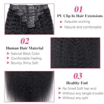 Mihugass Seamless PU Clip In Hair Extensions Real Human Hair Invisible Kinky Straight Clip on Human Hair Extensions 8pcs with 18Clips Per Set 120g(14inch,Natural Black)