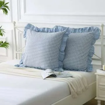 Mywinlle Blue White Plaid Euro Pillow Shams 2 Pack Ruffle Pillowcases,Shabby French Country Checkere...