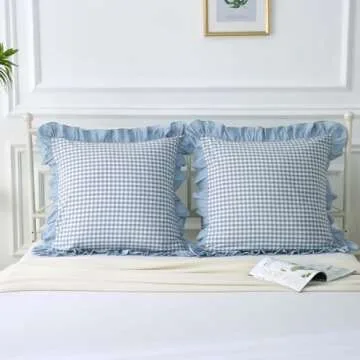 Mywinlle Blue White Plaid Euro Pillow Shams 2 Pack Ruffle Pillowcases,Shabby French Country Checkered Pillow Cover Washed Cotton Pillow Shams for Bed/Sofa (26"x26",Dusty Blue/White Plaid)