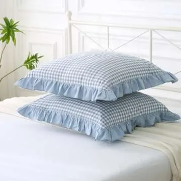 Mywinlle Blue White Plaid Euro Pillow Shams 2 Pack Ruffle Pillowcases,Shabby French Country Checkered Pillow Cover Washed Cotton Pillow Shams for Bed/Sofa (26"x26",Dusty Blue/White Plaid)