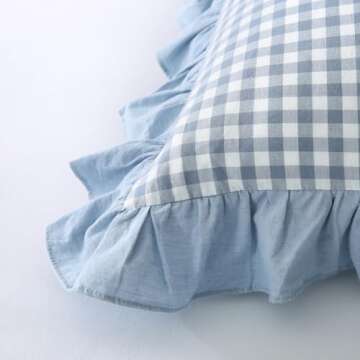 Mywinlle Blue White Plaid Euro Pillow Shams 2 Pack Ruffle Pillowcases,Shabby French Country Checkered Pillow Cover Washed Cotton Pillow Shams for Bed/Sofa (26"x26",Dusty Blue/White Plaid)