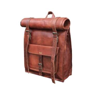 jaald 23" Brown Leather Backpack Vintage Rucksack Laptop Bag Large Travel Roll Top College Bookbag C...