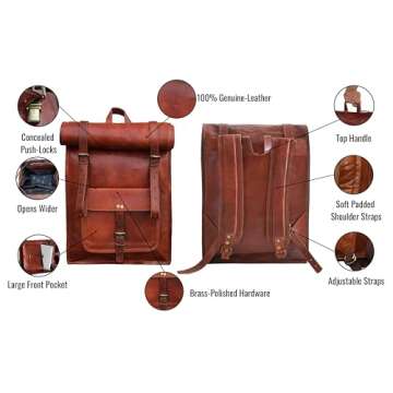 jaald 23" Brown Leather Backpack Vintage Rucksack Laptop Bag Large Travel Roll Top College Bookbag Comfortable Lightweight Travel Hiking/picnic For Men