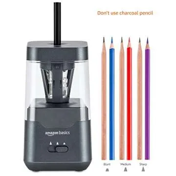 Amazon Basics Portable Electric Pencil Sharpener, Helical Blade, Auto Stop, Battery/USB Cord Operated, Black, 2.87 x 2.87 x 5.3 in