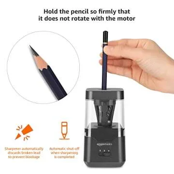 Amazon Basics Portable Electric Pencil Sharpener, Helical Blade, Auto Stop, Battery/USB Cord Operated, Black, 2.87 x 2.87 x 5.3 in